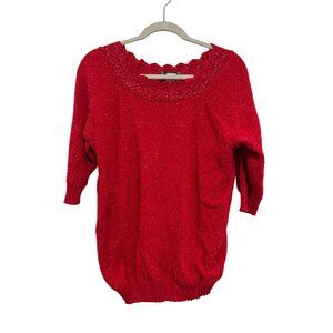 Vintage 90's Adele Knitwear Womens Sparkle Acrylic Lurex Sweater Red Crochet
